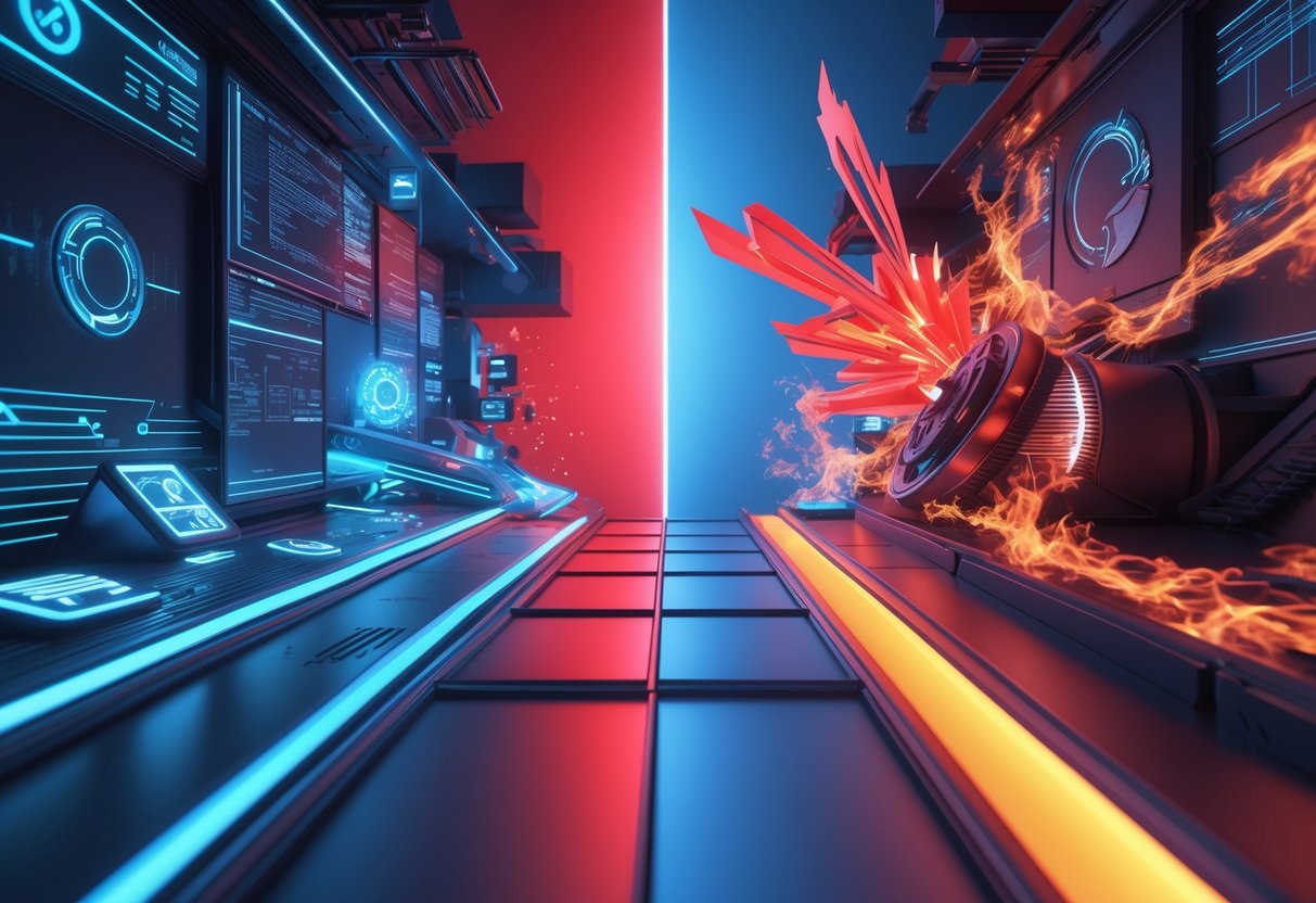 A split scene showing a blue-themed side with cool shapes and glowing patterns on the left, and a red-themed side with fiery effects and sharp shapes on the right, separated by a glowing divider.
