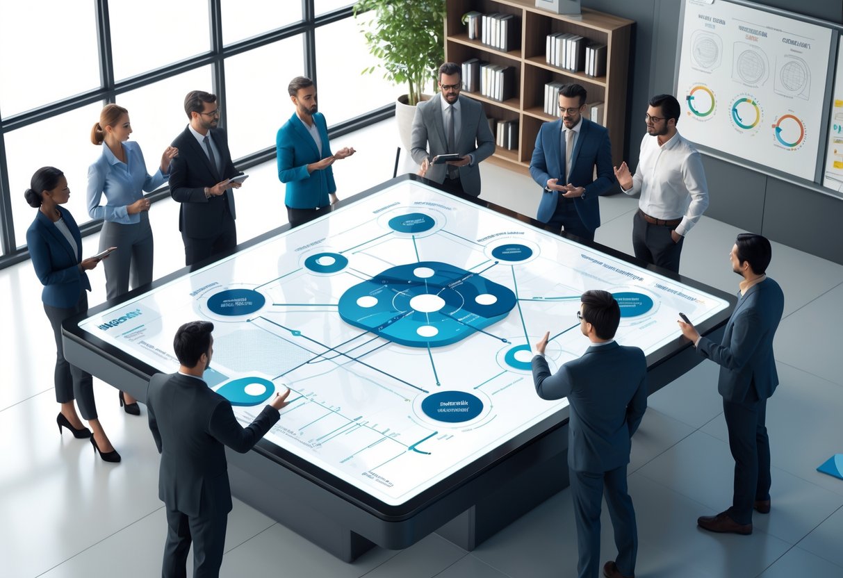 A group of professionals gathered around a digital touchscreen table displaying flowcharts and timelines, collaborating in a modern office space.