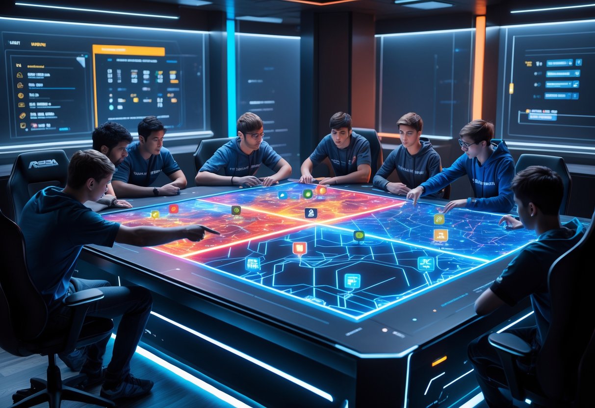 A futuristic room with players gathered around a holographic table showing two glowing sides on a digital map, discussing strategy during a game draft phase.