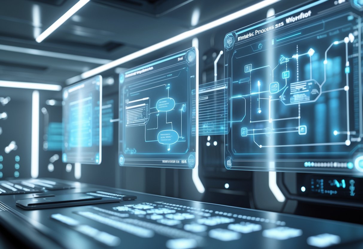 A futuristic control room with floating holographic screens showing a complex digital workflow and data streams representing updates to a process.