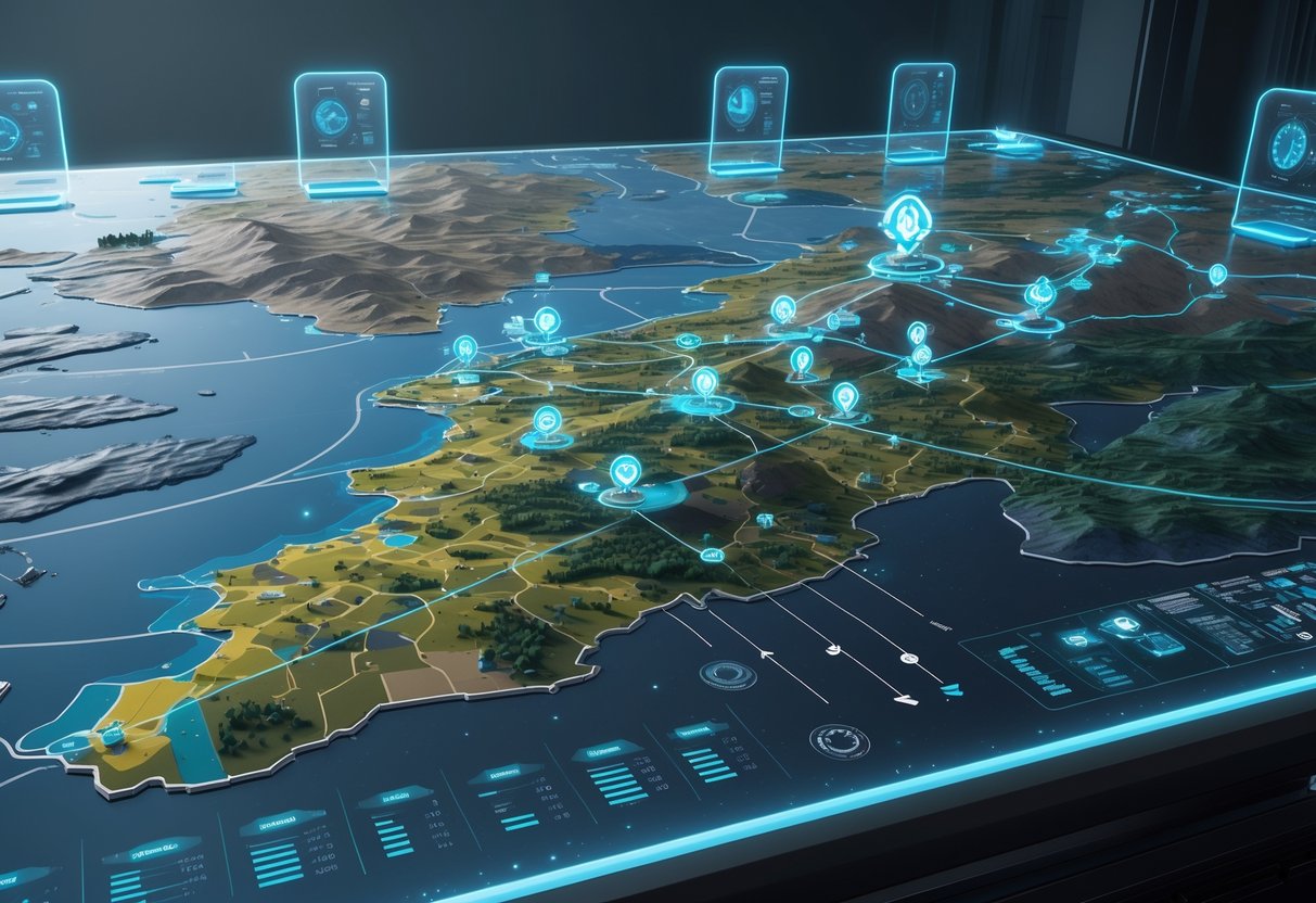 A large digital map on a table showing different regions with coloured highlights and floating markers indicating strategic areas and movement paths.