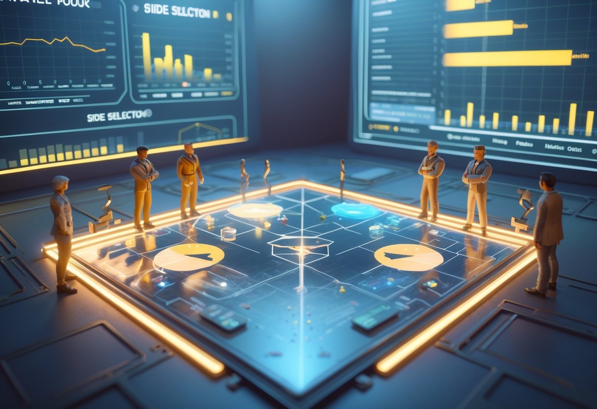 Two opposing teams facing each other across a glowing game board with floating charts and timelines around them, showing the importance of choosing sides in competitive events.