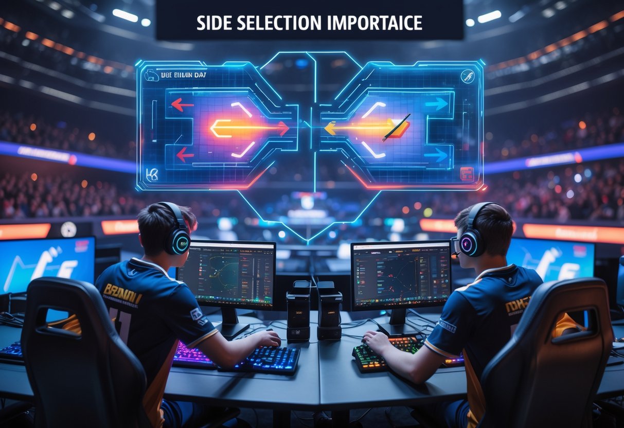 Two esports teams facing each other in a large arena with a floating digital map showing side selection zones between them.