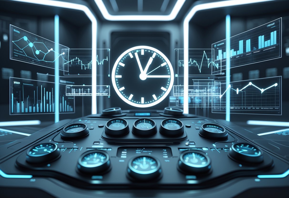 A 3D scene showing a futuristic control panel with digital dials, a large glowing clock, and floating holographic charts representing factors influencing substitution timing decisions.