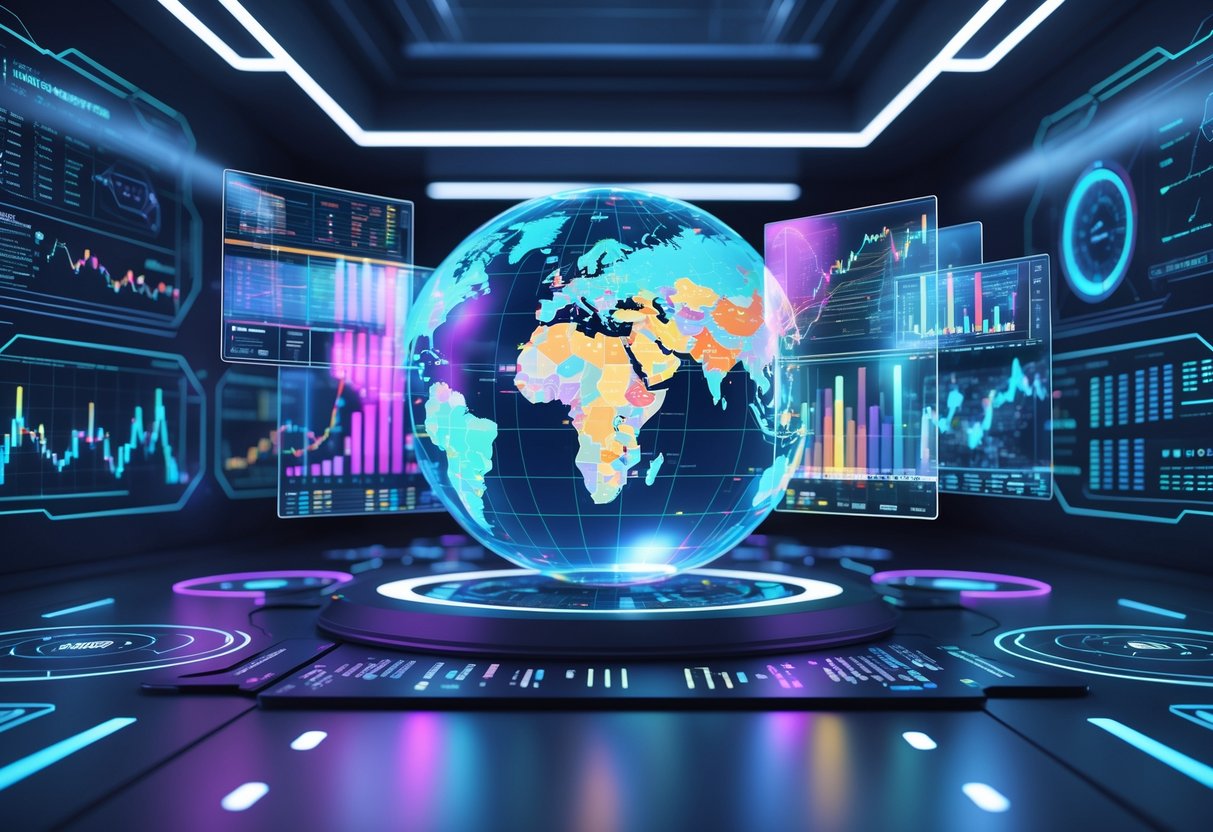 A futuristic control room with holographic screens showing data and a glowing 3D globe highlighting different regions for side selection.