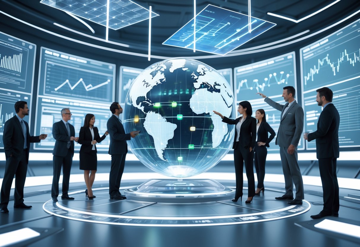 A futuristic control room with people interacting with floating holographic screens showing graphs and timelines around a glowing globe representing time.