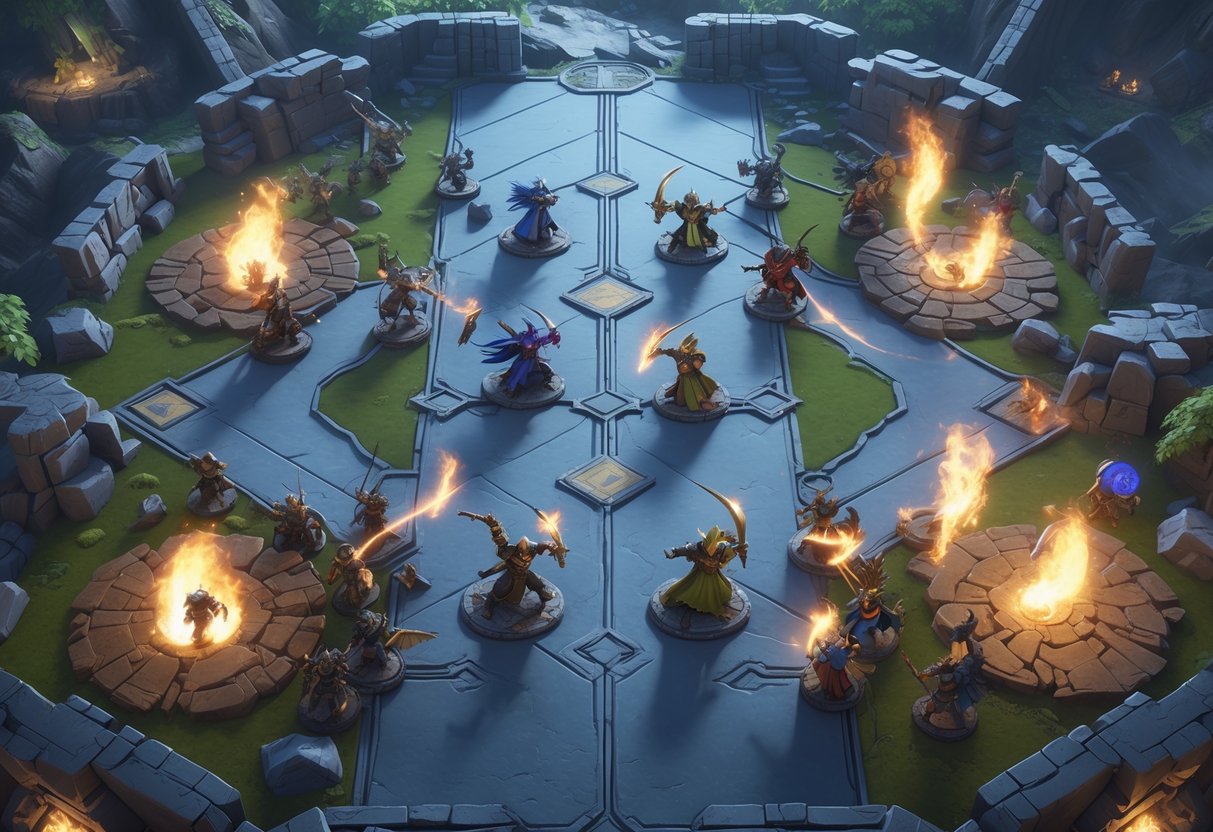 A 3D scene of two teams fighting on opposite sides of a battlefield with varied terrain and characters engaged in combat.