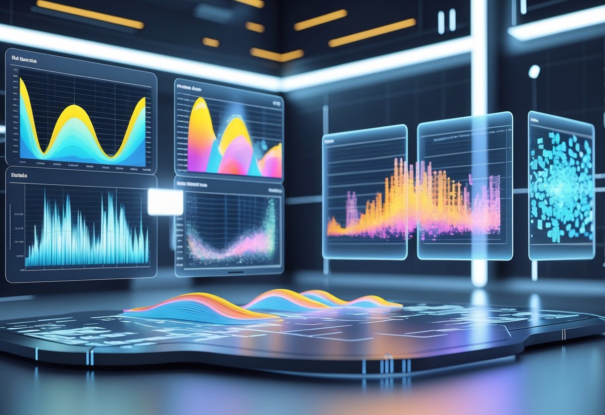 A 3D scene showing a futuristic digital workspace with floating holographic data visualisations, illustrating clear graphs on one side and distorted graphs on the other to represent the uses and limitations of KDA.