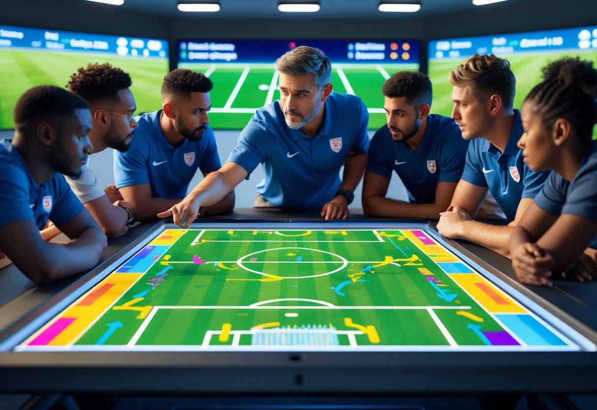 A coach and team gathered around a digital table displaying a game field with highlighted side selections and tactical markers, discussing strategies.