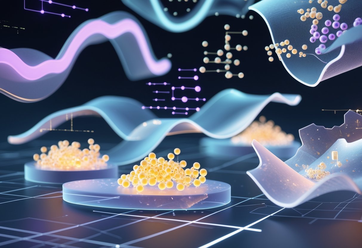 A 3D scene showing colourful graphs, clustered data points, and curved surfaces representing data analysis and limitations in statistical techniques.