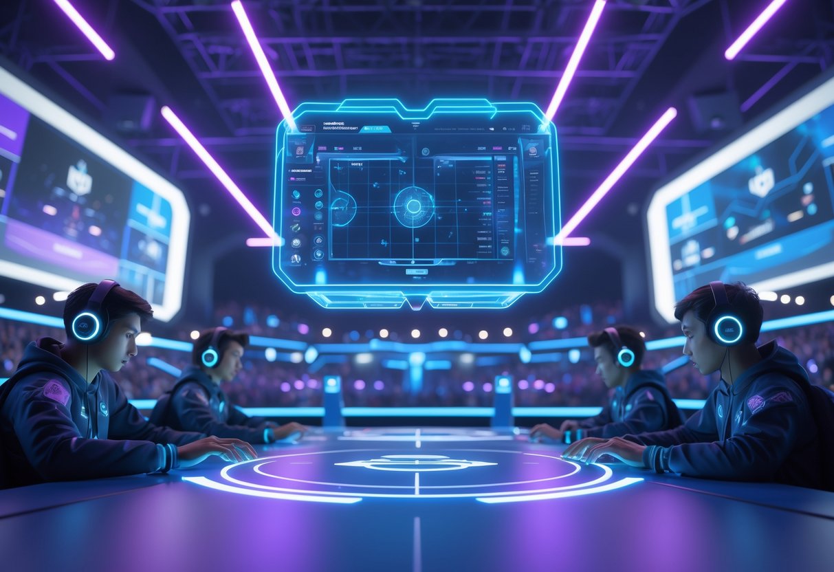 A futuristic esports arena where players interact with a glowing digital interface showing team stats and map layouts, surrounded by an audience under neon lights.