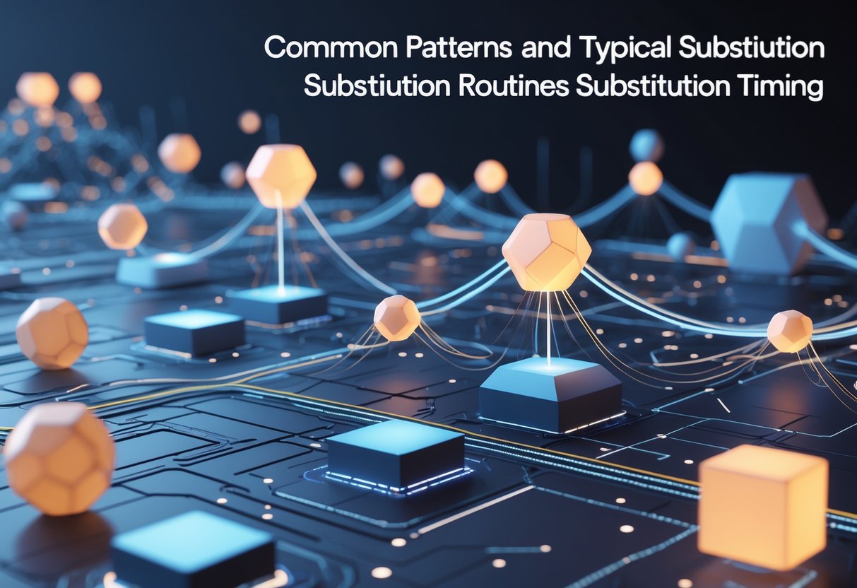 A 3D digital network with glowing interconnected shapes and lines symbolising timing and substitution processes.