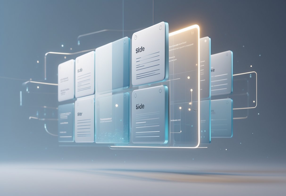 A 3D scene showing multiple side-by-side panels with one panel highlighted and raised to indicate selection, symbolising the importance of choosing a side in a frequently asked questions interface.