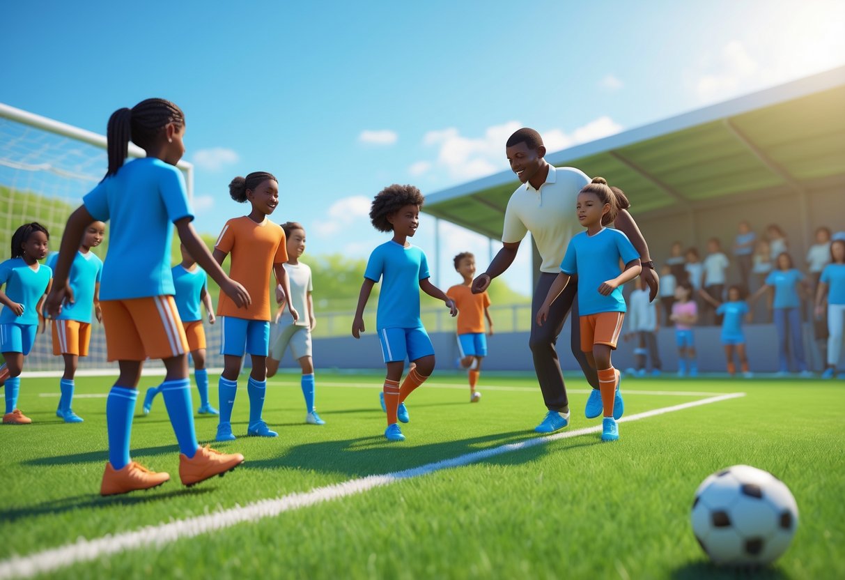 A youth football match showing a coach substituting players fairly during a game on a grass field with children and spectators around.