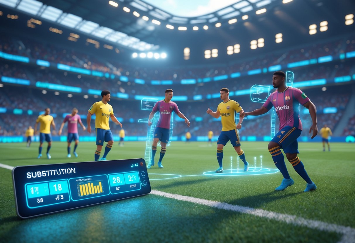 A futuristic football stadium showing players being substituted on the pitch with digital timers and holographic displays around them.