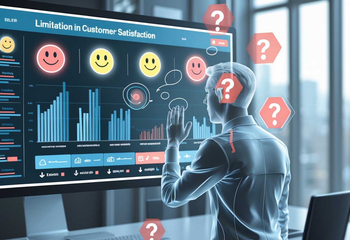 A person looks at a digital dashboard showing customer satisfaction data with some parts blurred and abstract icons representing challenges floating around.
