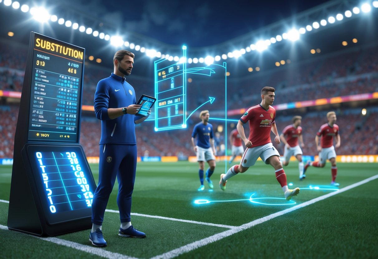 A football coach on the sidelines uses a tablet to manage player substitutions as one player leaves the field and another prepares to enter during a match in a crowded stadium.