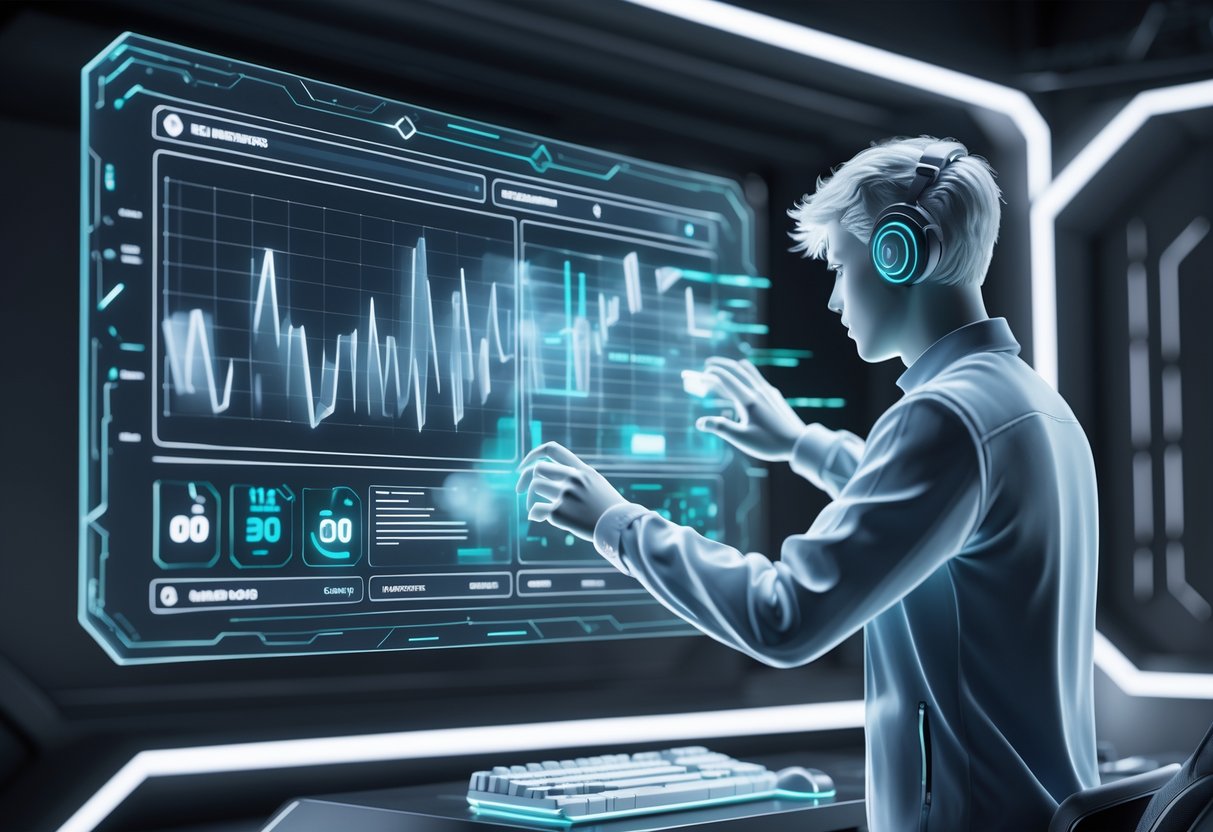 A futuristic digital dashboard with holographic graphs and a semi-transparent figure interacting with fragmented gaming icons representing kills, deaths, and assists.