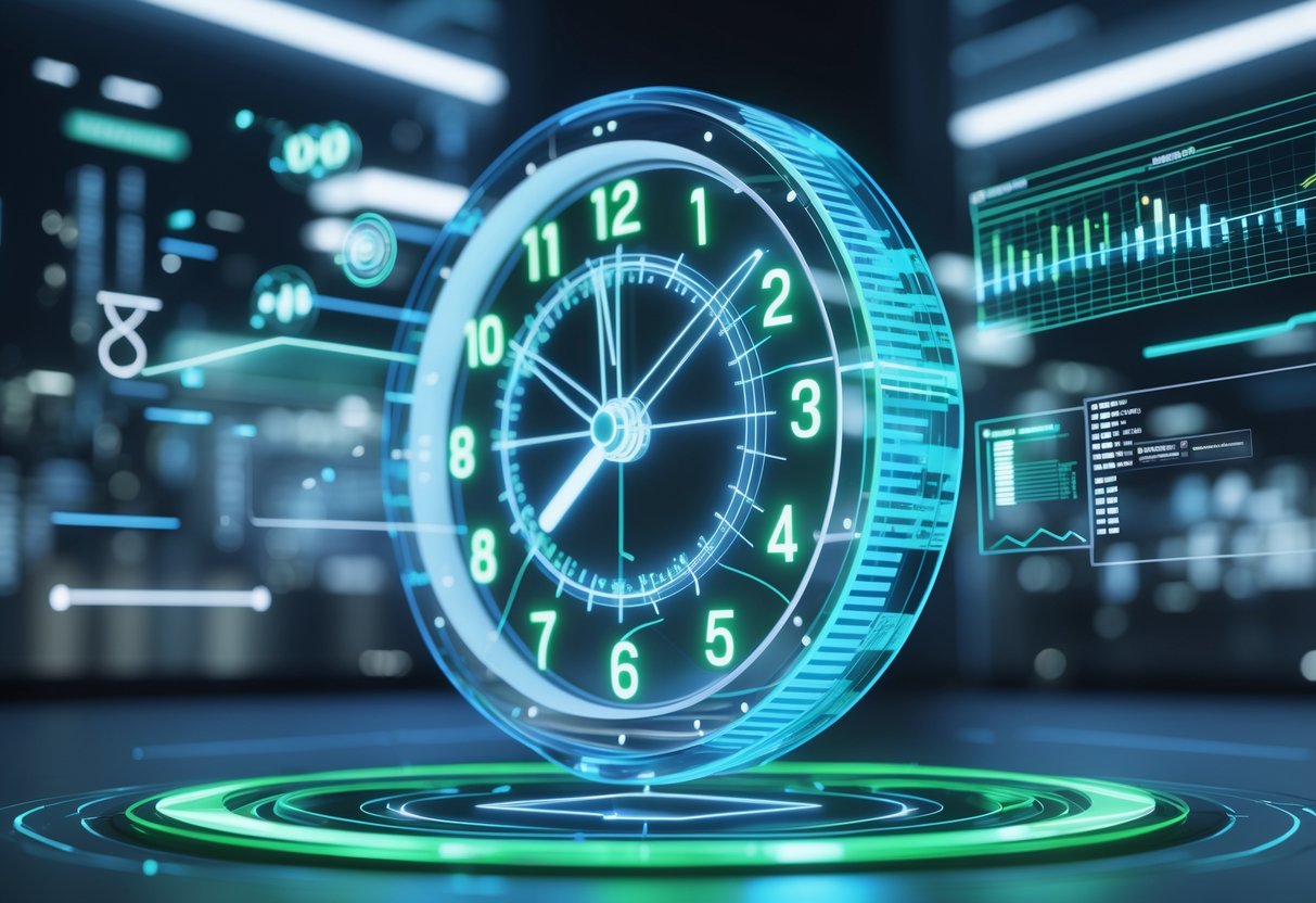 A futuristic digital clock surrounded by flowing holographic data streams and graphs above a modern cityscape.
