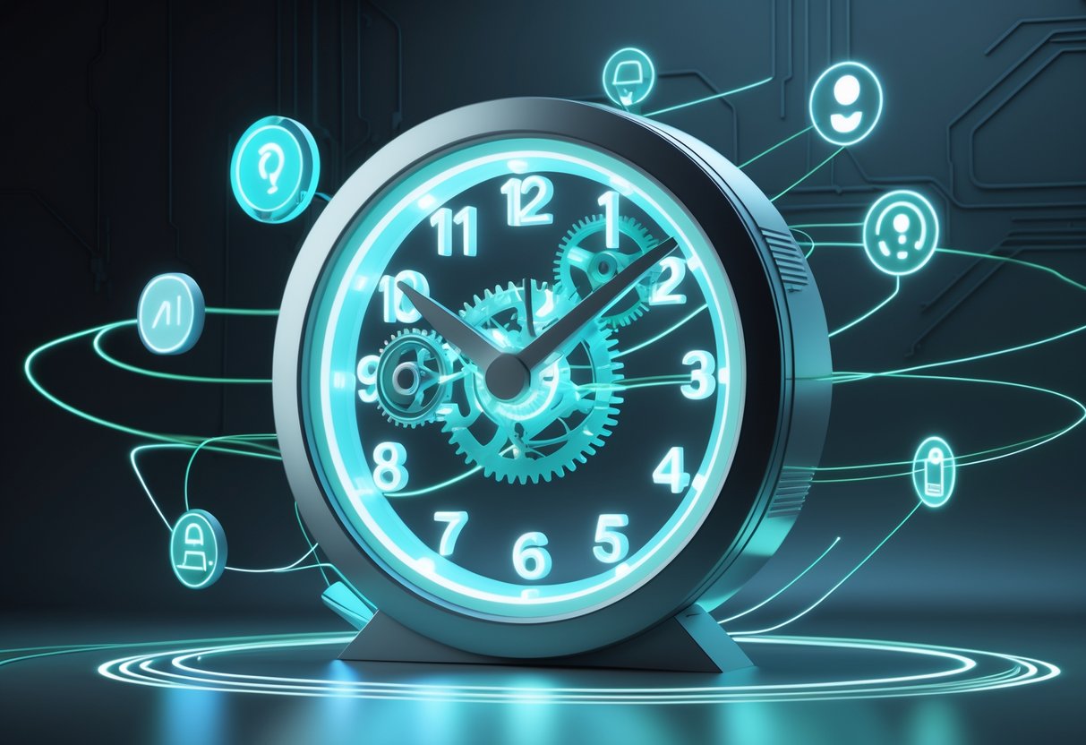 A 3D image of a futuristic clock with glowing gears and floating icons representing questions and answers connected by light trails.