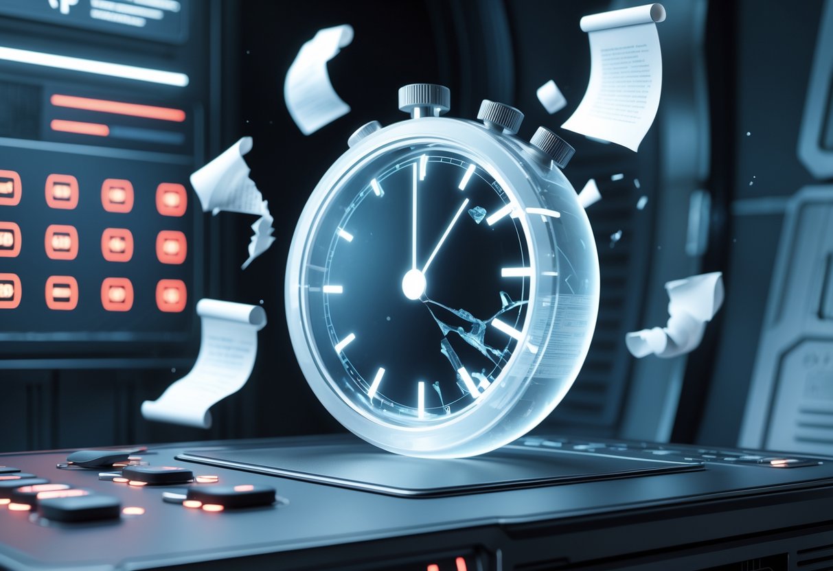 A digital control panel with a paused holographic timer showing cracks, surrounded by floating torn documents in a high-tech environment.