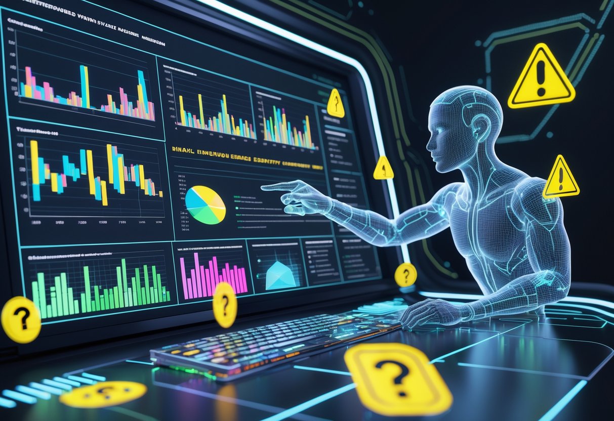 A person looking confused while interacting with distorted digital data charts and warning symbols in a futuristic environment.