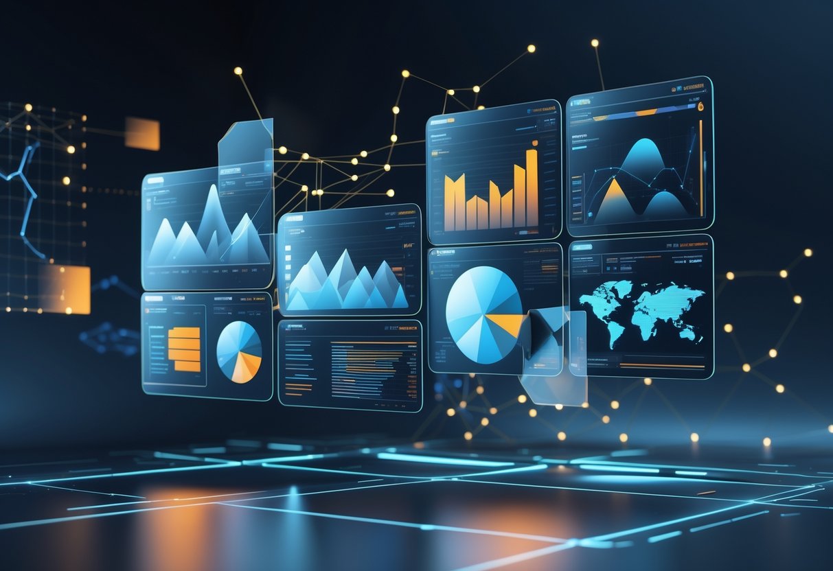A 3D scene showing floating holographic data screens with graphs and charts, some appearing incomplete or fragmented, set against a dark digital background with glowing network lines.