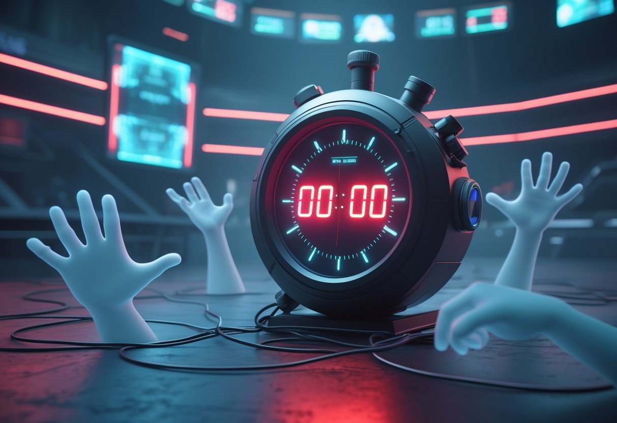 A digital timer glowing red with ghostly hands reaching towards it in a virtual game arena, showing the consequences of abusing pause rules.