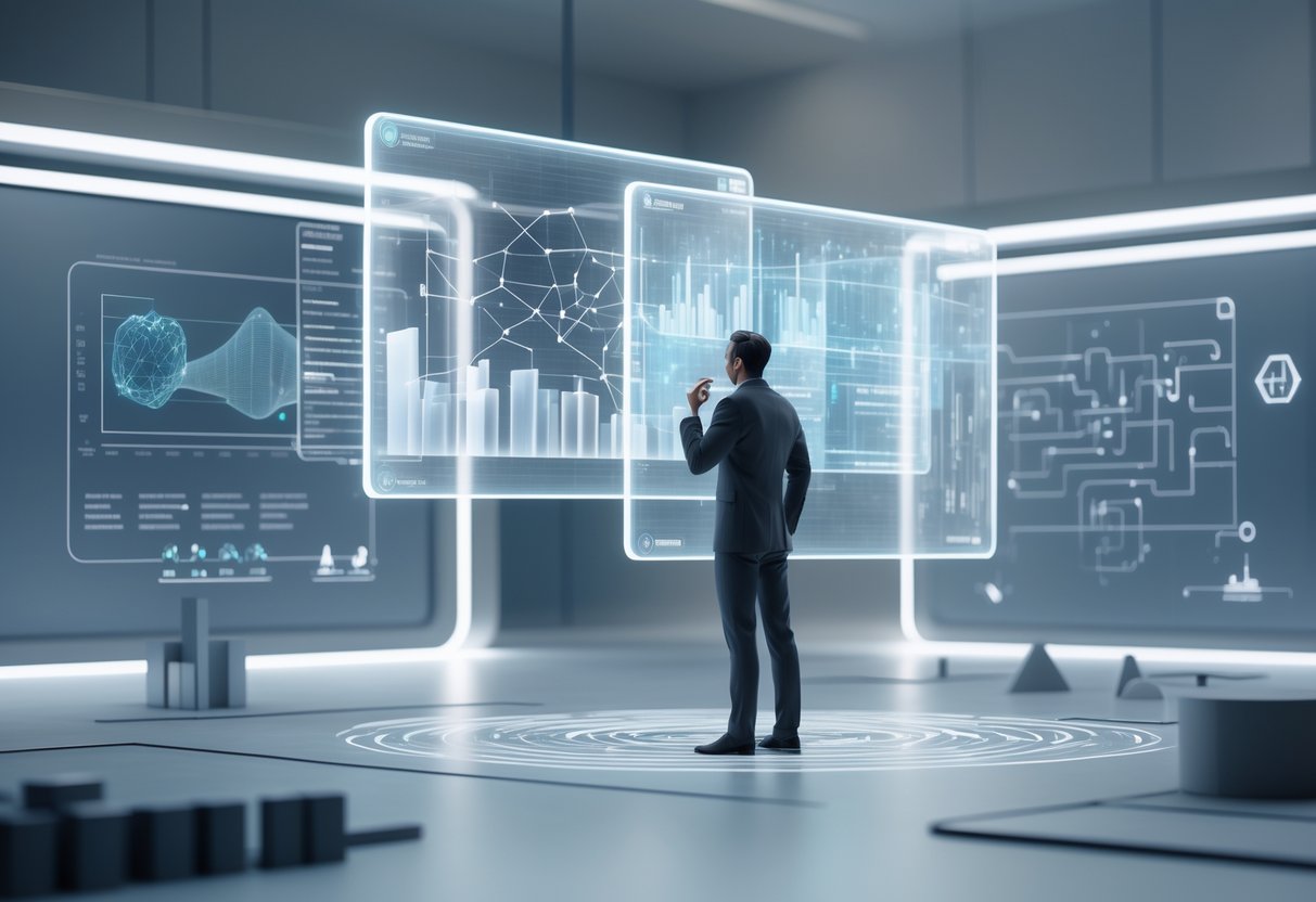 A person stands in front of floating holographic data screens, surrounded by symbols of balance and puzzles, in a modern workspace.