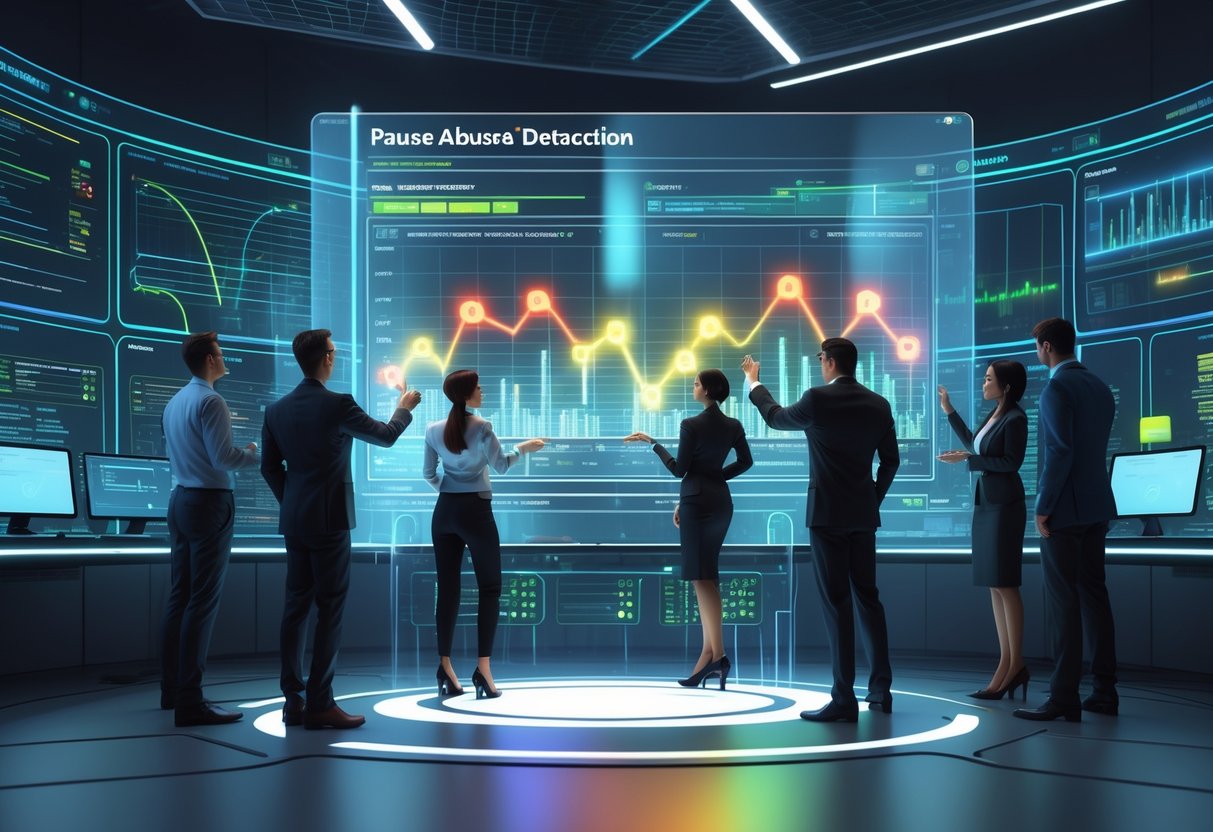 A futuristic control room where professionals monitor holographic data displays highlighting security alerts and anomalies related to rule violations.