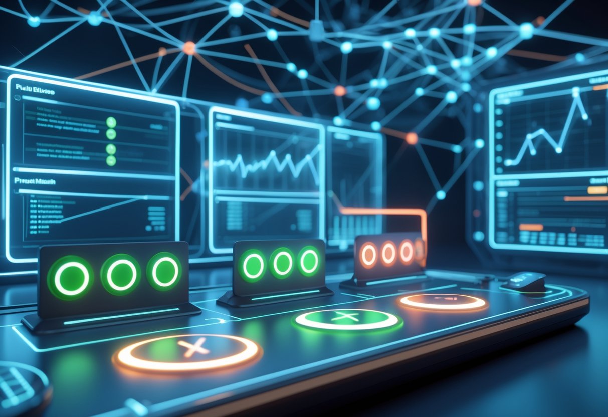 A futuristic control room with holographic pause buttons and timers, showing some allowed and some restricted, surrounded by a network of interconnected nodes representing rule enforcement.