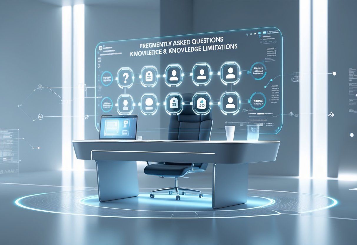 A 3D scene showing a futuristic desk with floating holographic icons representing questions and data limits in a clean, modern workspace.