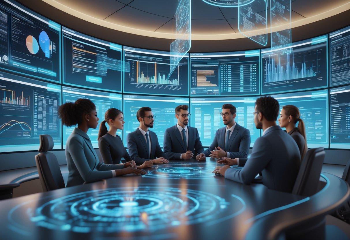 A group of people in a modern control room monitoring digital screens and discussing user activity to prevent rule abuse.