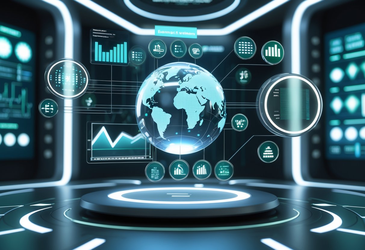 A 3D digital dashboard with holographic graphs and a glowing globe representing global economic data and rating principles.