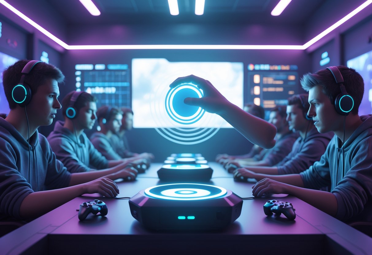 A 3D scene showing frustrated players at gaming setups while one player repeatedly presses a pause button, causing disruption in a multiplayer game.