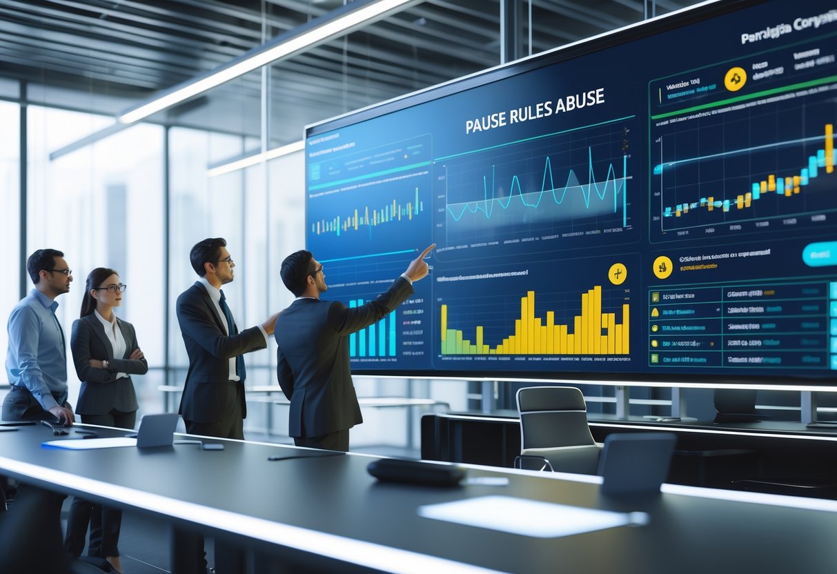 Office scene showing professionals analysing data on a large digital dashboard with charts and alerts about rule violations.