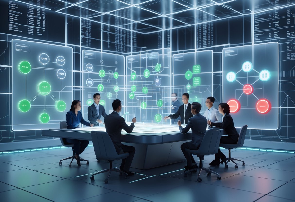 A group of people working together around a high-tech table with holographic screens showing charts and timers, symbolising teamwork and problem-solving about pause rules.