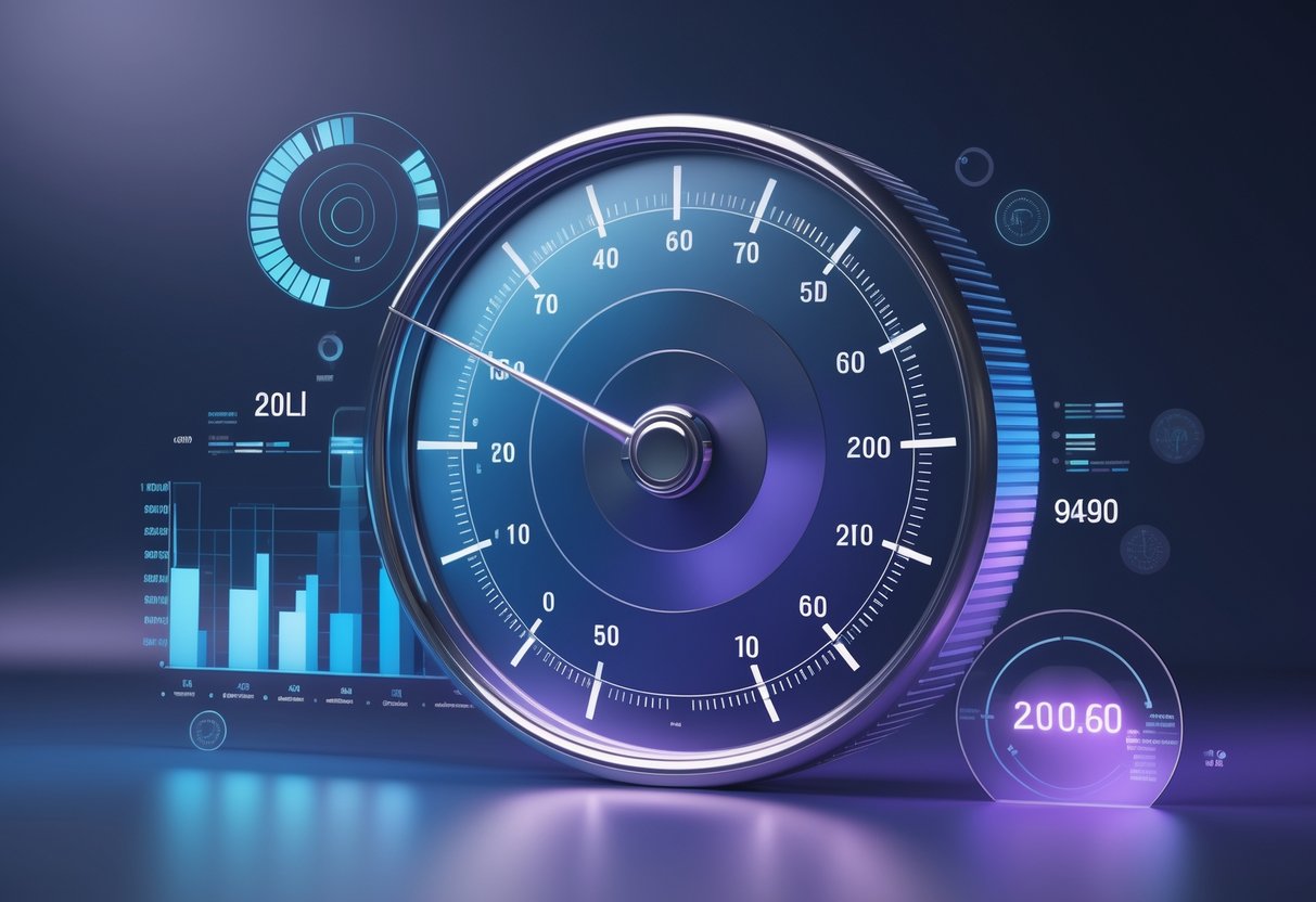 A 3D scene showing a circular gauge with a needle pointing to a percentage, surrounded by floating data charts and graphs against a dark blue and purple background.