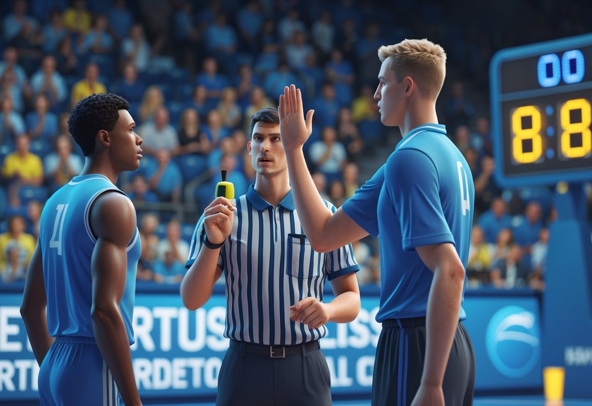 Two athletes and a referee on a sports field, with one player showing frustration and the referee calmly signalling fair play during a paused moment in the game.