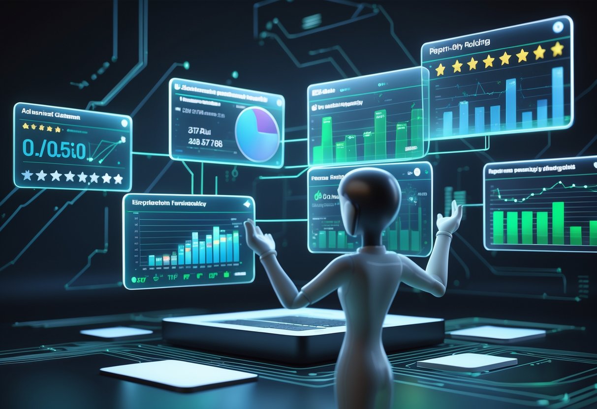 A person interacting with floating holographic panels showing ratings and graphs representing reputation management for service providers.