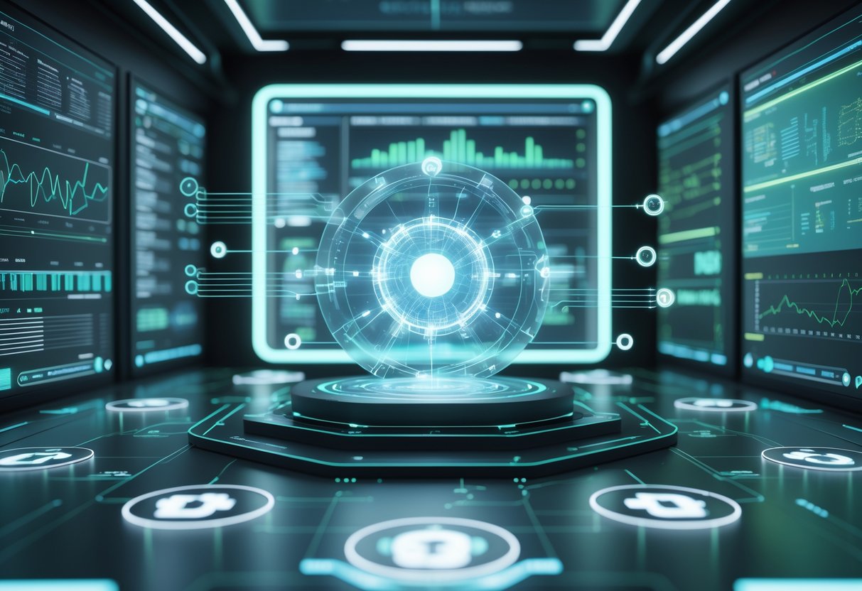 A futuristic control room with glowing holographic screens and a central glowing AI core monitoring digital data to prevent rule abuse.