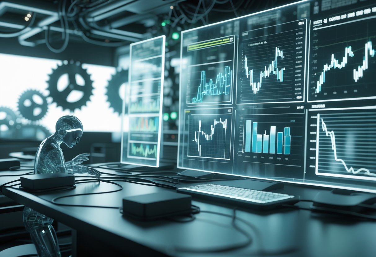 A person surrounded by holographic screens showing confusing economic data in a high-tech control room with large gears in the background.