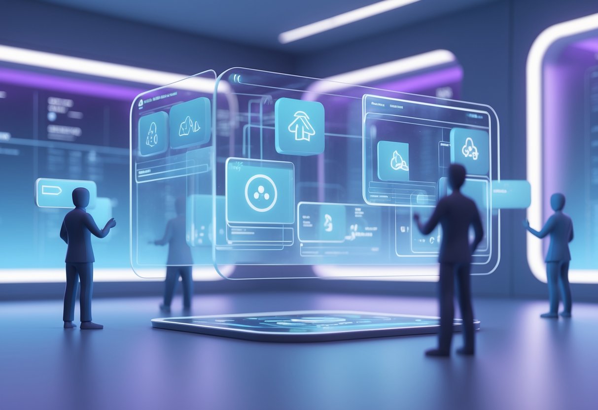 A futuristic digital help desk with holographic panels and figures representing users interacting with rules and pause alerts in a high-tech control room.