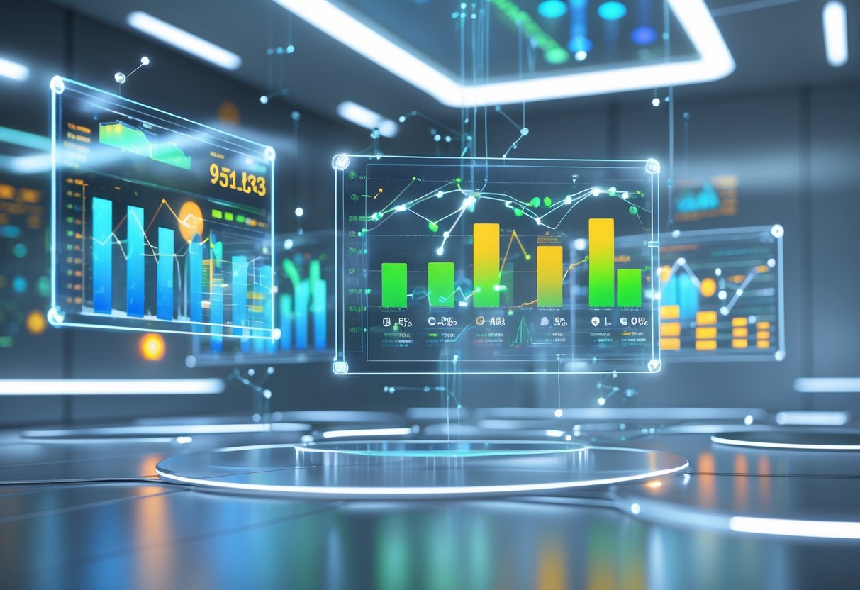 A futuristic digital dashboard with floating holographic panels showing graphs and charts in a modern control room.