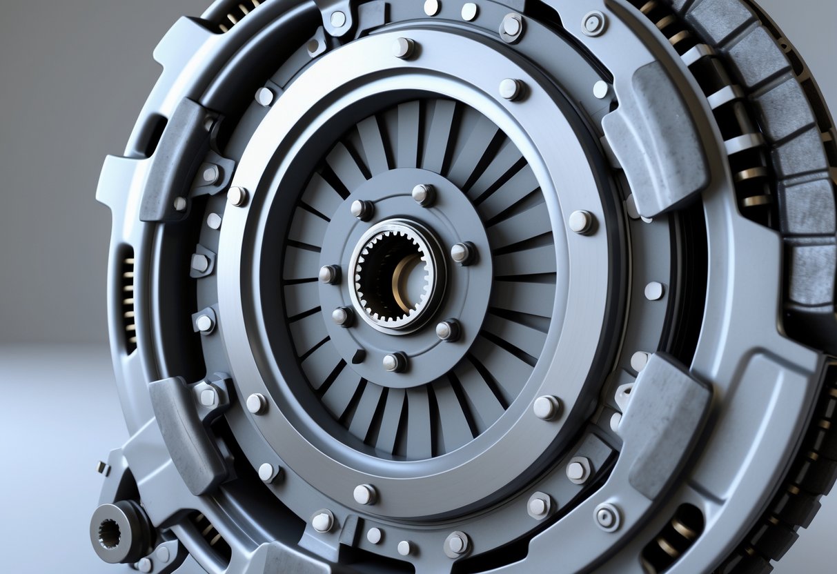A 3D rendering of a mechanical clutch system showing the clutch plate pressed against the flywheel in the closed position.