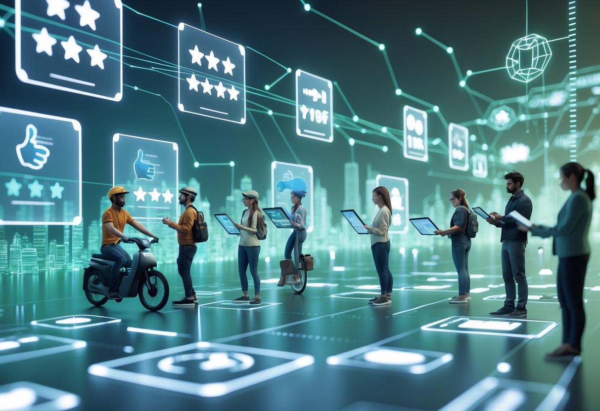 A 3D scene showing gig economy workers interacting with floating holographic rating panels in a futuristic city, illustrating the progression of rating systems over time.