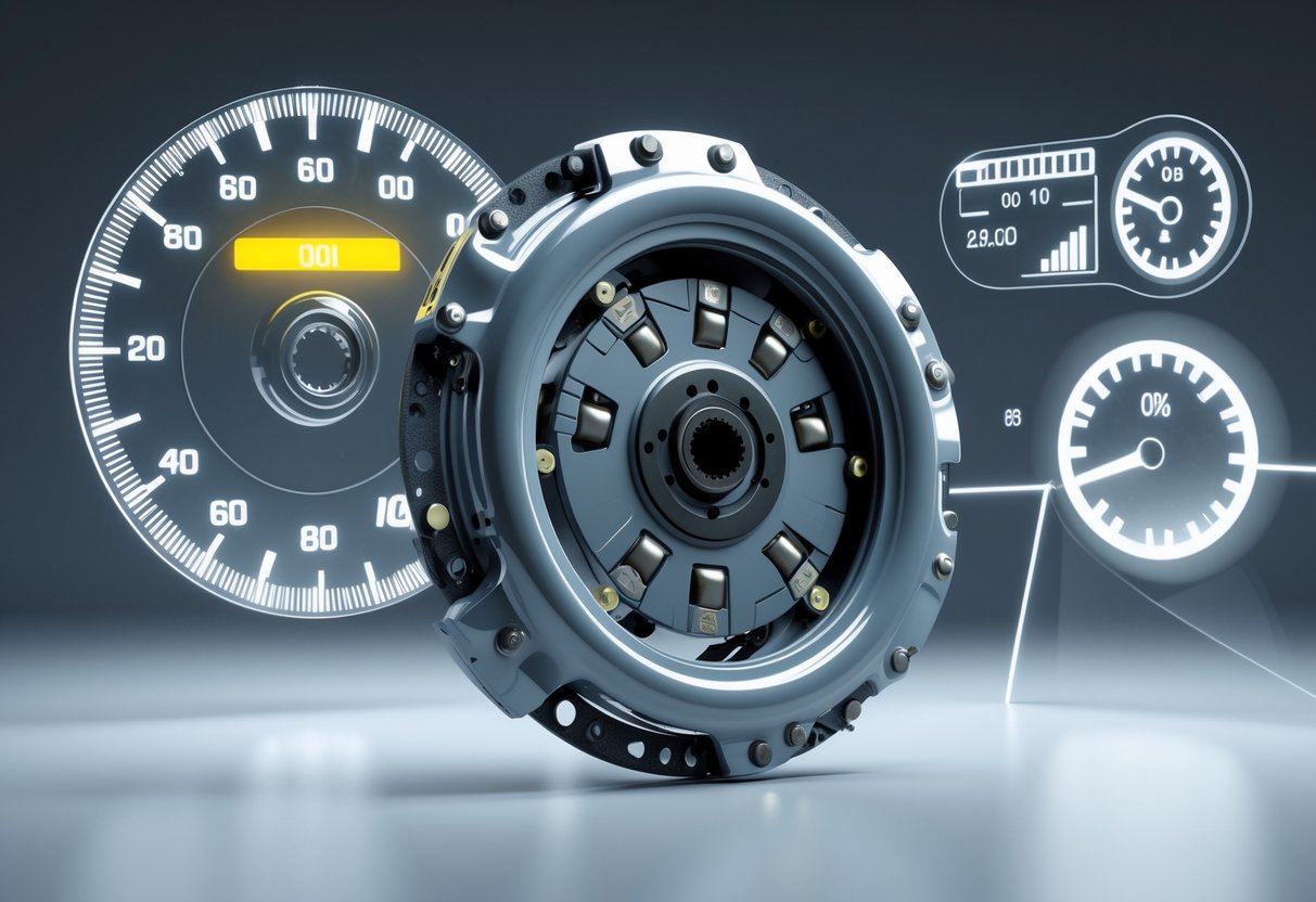 A 3D view of a mechanical clutch system showing internal parts and glowing indicators representing clutch engagement levels.