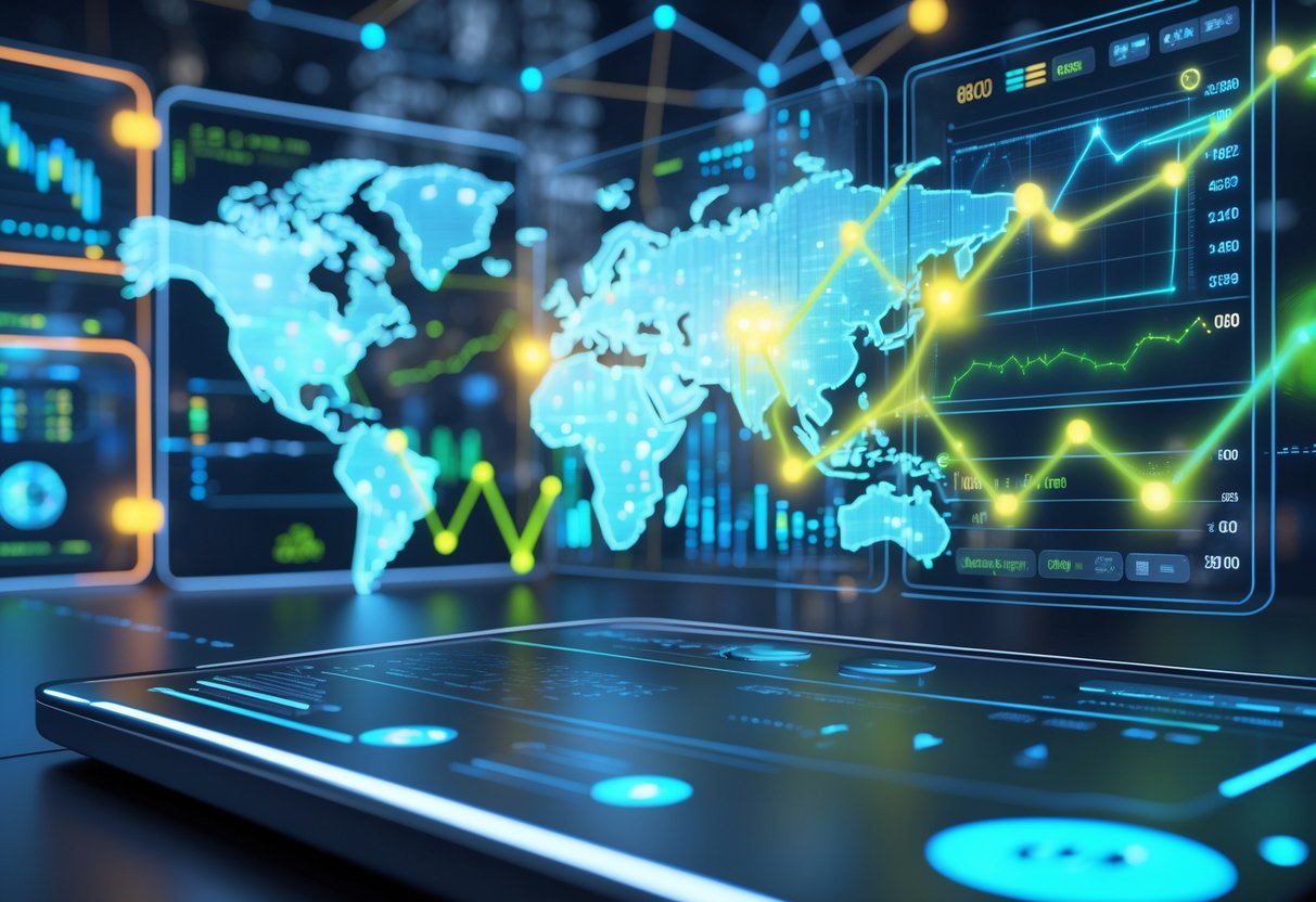 A futuristic 3D scene showing holographic economic charts and digital data streams in a high-tech environment.