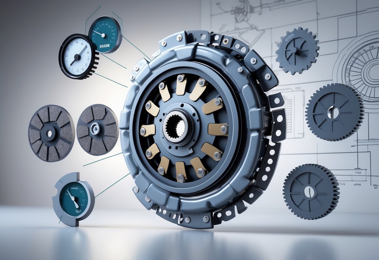 A 3D rendered image of a mechanical clutch assembly with highlighted internal parts and graphical elements representing factors affecting its performance.