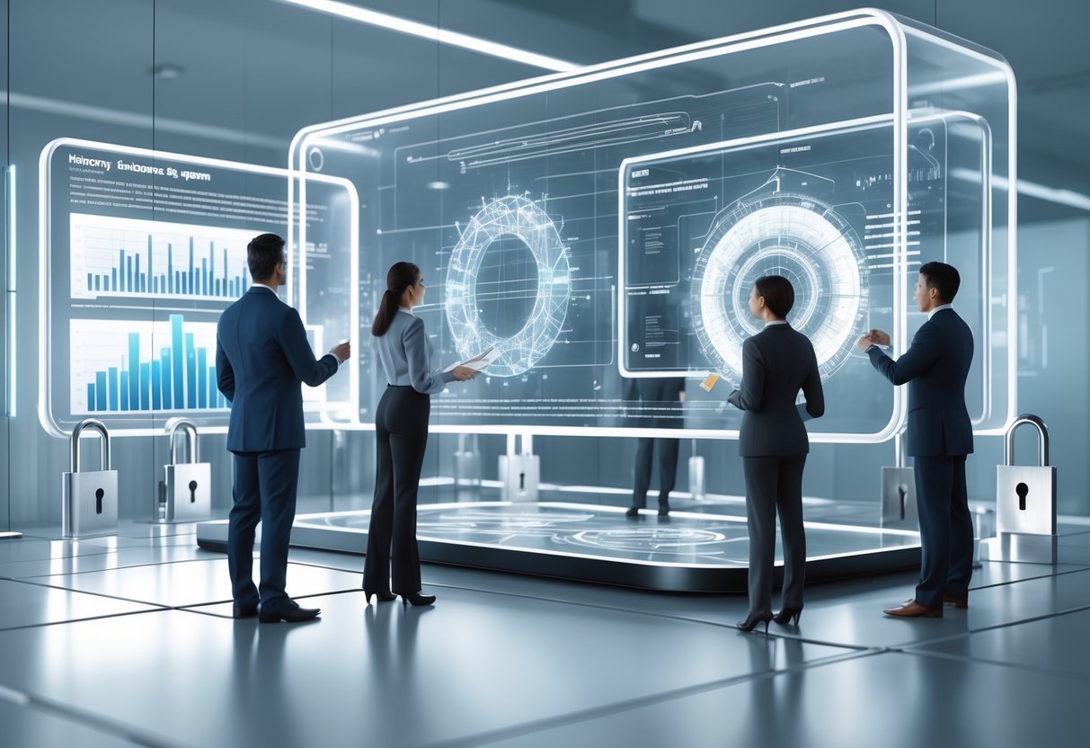 A modern office with professionals interacting with floating holographic screens showing economic data, alongside symbols of justice, security, and protection.